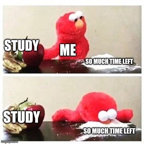 When the exams are near | STUDY; ME; SO MUCH TIME LEFT; STUDY; SO MUCH TIME LEFT | image tagged in elmo cocaine,school,studying,funny,relatable | made w/ Imgflip meme maker