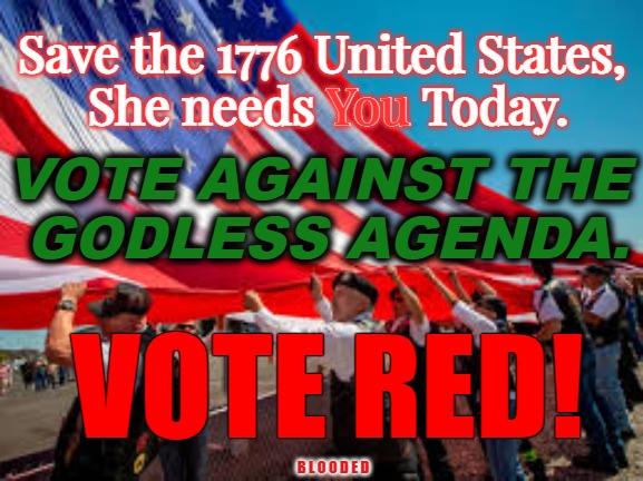 Vote Red | Save the 1776 United States, 
She needs You Today. You; VOTE AGAINST THE
 GODLESS AGENDA. VOTE RED! B L O O D E D | image tagged in vote red,republican,election,11822 | made w/ Imgflip meme maker