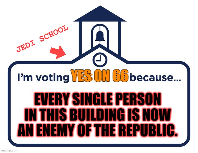 I'm voting yes on 66. | JEDI SCHOOL; YES ON 66; EVERY SINGLE PERSON IN THIS BUILDING IS NOW AN ENEMY OF THE REPUBLIC. | image tagged in i'm voting yes on ee because,anakin,younglings,oh no,run | made w/ Imgflip meme maker