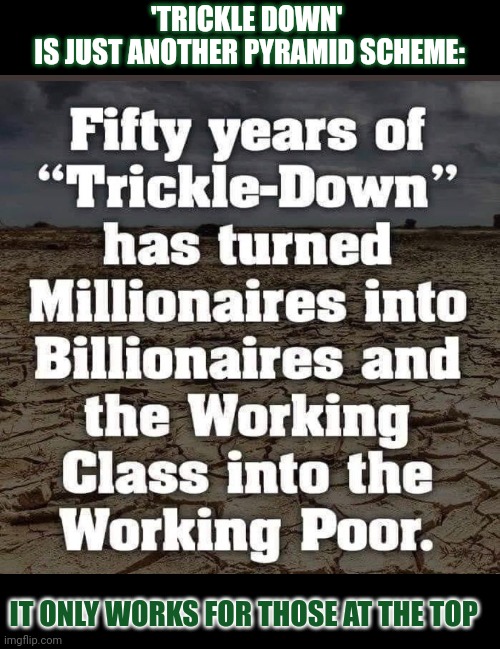 'Trickle down' really works! To make the rich richer.' | 'TRICKLE DOWN' 
IS JUST ANOTHER PYRAMID SCHEME:; IT ONLY WORKS FOR THOSE AT THE TOP | image tagged in trickle down,economy,fake,poverty | made w/ Imgflip meme maker