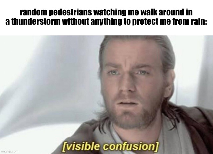 shitpost | random pedestrians watching me walk around in a thunderstorm without anything to protect me from rain: | image tagged in visible confusion | made w/ Imgflip meme maker