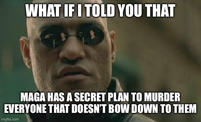 Matrix Morpheus Meme | WHAT IF I TOLD YOU THAT MAGA HAS A SECRET PLAN TO MURDER EVERYONE THAT DOESN’T BOW DOWN TO THEM | image tagged in memes,matrix morpheus | made w/ Imgflip meme maker