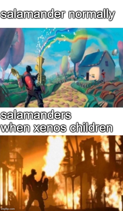 Tf2 Meet the Pyro | salamander normally; salamanders when xenos children | image tagged in tf2 meet the pyro | made w/ Imgflip meme maker