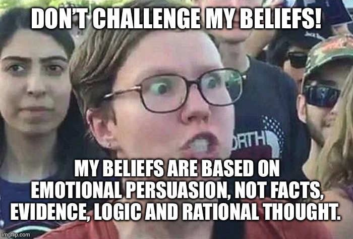 My beliefs are real because my feelings say so | DON’T CHALLENGE MY BELIEFS! MY BELIEFS ARE BASED ON EMOTIONAL PERSUASION, NOT FACTS, EVIDENCE, LOGIC AND RATIONAL THOUGHT. | image tagged in triggered liberal | made w/ Imgflip meme maker