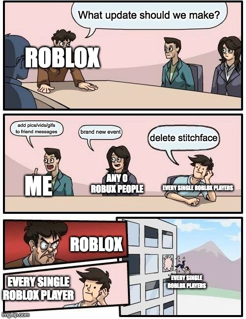 roblox be like: (version 2.0) | What update should we make? ROBLOX; add pics/vids/gifs to friend messages; brand new event; delete stitchface; ANY 0 ROBUX PEOPLE; ME; EVERY SINGLE ROBLOX PLAYERS; ROBLOX; EVERY SINGLE ROBLOX PLAYER; EVERY SINGLE ROBLOX PLAYERS | image tagged in memes,boardroom meeting suggestion | made w/ Imgflip meme maker