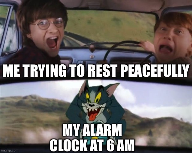 Tom chasing Harry and Ron Weasly | ME TRYING TO REST PEACEFULLY; MY ALARM CLOCK AT 6 AM | image tagged in tom chasing harry and ron weasly,memes,alarm clock,funny,relatable,relatable memes | made w/ Imgflip meme maker
