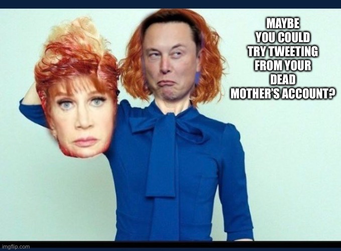 Elon Musk buying Twitter is already paying some nice dividends… |  MAYBE YOU COULD TRY TWEETING FROM YOUR DEAD MOTHER’S ACCOUNT? | image tagged in kathy griffin,elon musk,feud,ConservativeMemes | made w/ Imgflip meme maker