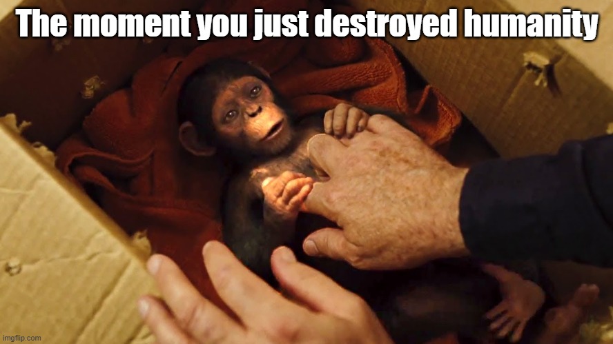 The moment you just destroyed humanity | The moment you just destroyed humanity | image tagged in caesar,planet of the apes,humanity,human | made w/ Imgflip meme maker