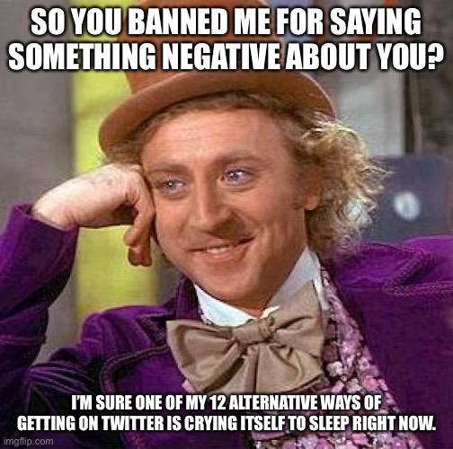 Creepy Condescending Wonka Meme | SO YOU BANNED ME FOR SAYING SOMETHING NEGATIVE ABOUT YOU? I’M SURE ONE OF MY 12 ALTERNATIVE WAYS OF GETTING ON TWITTER IS CRYING ITSELF TO S | image tagged in memes,creepy condescending wonka | made w/ Imgflip meme maker