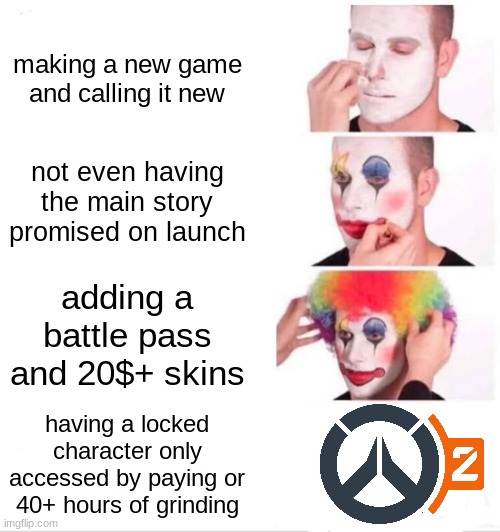 jk i love the game though | making a new game and calling it new; not even having the main story promised on launch; adding a battle pass and 20$+ skins; having a locked character only accessed by paying or 40+ hours of grinding | image tagged in memes,clown applying makeup | made w/ Imgflip meme maker