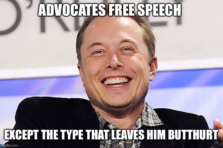 Elon musk | ADVOCATES FREE SPEECH EXCEPT THE TYPE THAT LEAVES HIM BUTTHURT | image tagged in elon musk | made w/ Imgflip meme maker