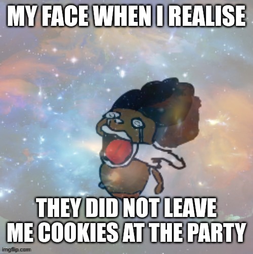 MY FACE WHEN I REALISE; THEY DID NOT LEAVE ME COOKIES AT THE PARTY | made w/ Imgflip meme maker