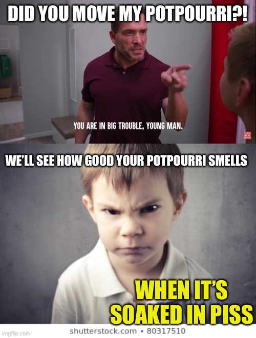 DID YOU MOVE MY POTPOURRI?! WE’LL SEE HOW GOOD YOUR POTPOURRI SMELLS; WHEN IT’S SOAKED IN PISS | image tagged in you're in big trouble young man,mad kid | made w/ Imgflip meme maker