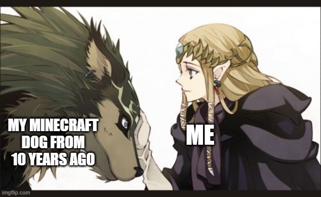 when you find a old Minecraft world | MY MINECRAFT DOG FROM 10 YEARS AGO; ME | image tagged in twilight princess zelda and wolf link | made w/ Imgflip meme maker