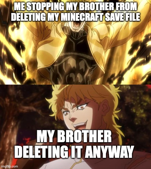 ME STOPPING MY BROTHER FROM DELETING MY MINECRAFT SAVE FILE; MY BROTHER DELETING IT ANYWAY | image tagged in za warudo,but it was me dio | made w/ Imgflip meme maker