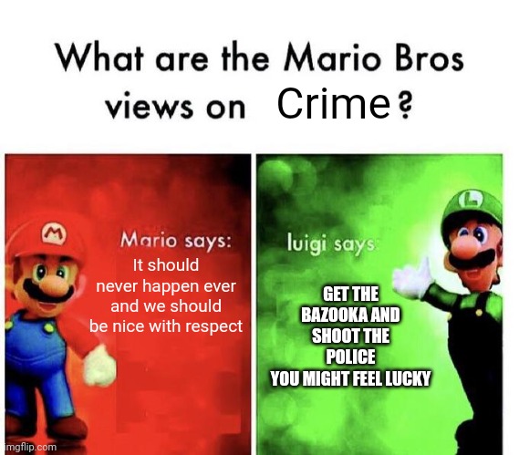 Crime is wrong | Crime; It should never happen ever and we should be nice with respect; GET THE BAZOOKA AND SHOOT THE POLICE
YOU MIGHT FEEL LUCKY | image tagged in mario bros views,crime,police,respect | made w/ Imgflip meme maker
