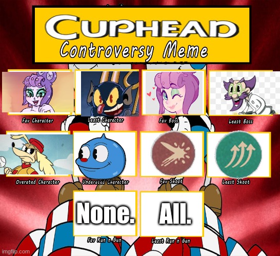 Cuphead Controversy | All. None. | image tagged in cuphead controversy,cuphead | made w/ Imgflip meme maker