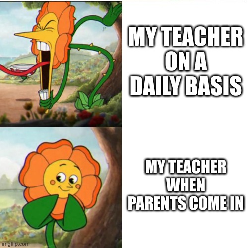 Cuphead Flower | MY TEACHER ON A DAILY BASIS; MY TEACHER WHEN PARENTS COME IN | image tagged in cuphead flower | made w/ Imgflip meme maker