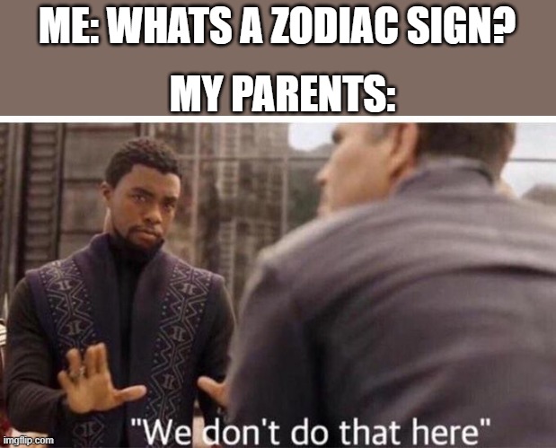 We dont do that here | ME: WHATS A ZODIAC SIGN? MY PARENTS: | image tagged in we dont do that here | made w/ Imgflip meme maker