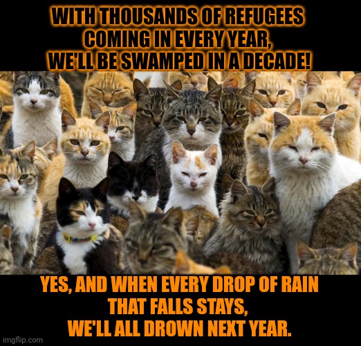 This #lolcat wonders why people would rather be afraid than think logically. | WITH THOUSANDS OF REFUGEES 
COMING IN EVERY YEAR, 
WE'LL BE SWAMPED IN A DECADE! YES, AND WHEN EVERY DROP OF RAIN
THAT FALLS STAYS, 
WE'LL ALL DROWN NEXT YEAR. | image tagged in conservative logic,scared,lolcat,immigration,think about it | made w/ Imgflip meme maker
