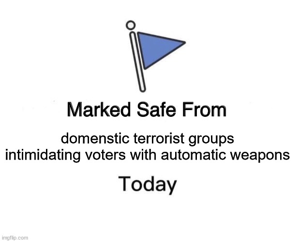 Didn't see any AR-15s at the polls today! Good luck to the rest of you, too. | domenstic terrorist groups intimidating voters with automatic weapons | image tagged in oathkeeper voter intimidation | made w/ Imgflip meme maker