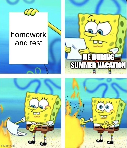 Spongebob yeet | homework and test; ME DURING SUMMER VACATION | image tagged in spongebob yeet | made w/ Imgflip meme maker