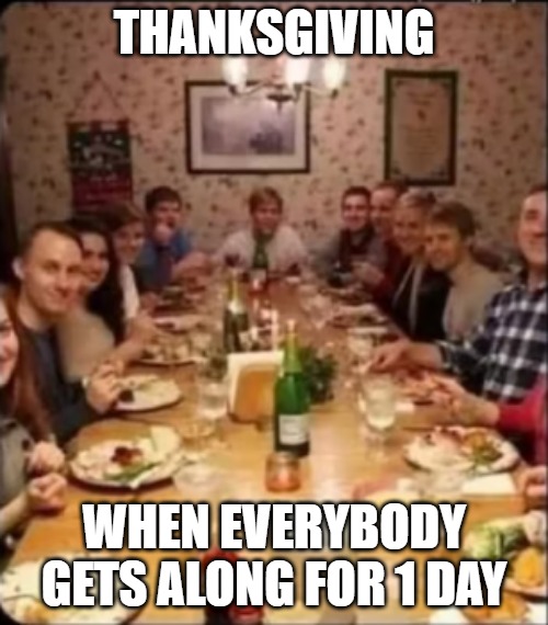 family at a dinner table | THANKSGIVING; WHEN EVERYBODY GETS ALONG FOR 1 DAY | image tagged in family at a dinner table | made w/ Imgflip meme maker