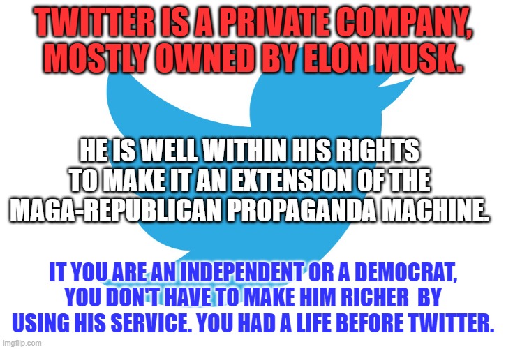One day Twitter will go the way of the Hula Hoop. Musk has made that day closer. | TWITTER IS A PRIVATE COMPANY, MOSTLY OWNED BY ELON MUSK. HE IS WELL WITHIN HIS RIGHTS TO MAKE IT AN EXTENSION OF THE MAGA-REPUBLICAN PROPAGANDA MACHINE. IT YOU ARE AN INDEPENDENT OR A DEMOCRAT, YOU DON'T HAVE TO MAKE HIM RICHER  BY USING HIS SERVICE. YOU HAD A LIFE BEFORE TWITTER. | image tagged in politics | made w/ Imgflip meme maker