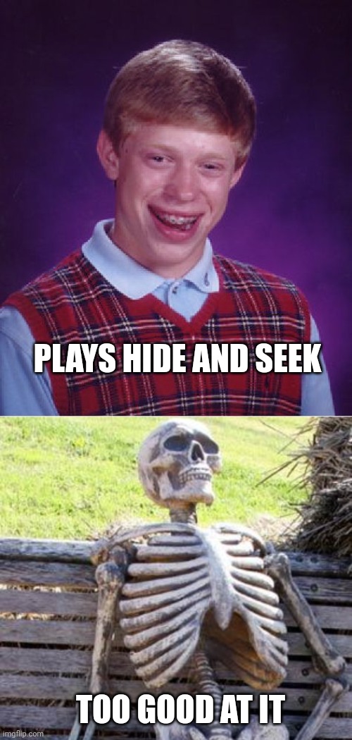 PLAYS HIDE AND SEEK TOO GOOD AT IT | image tagged in memes,bad luck brian,waiting skeleton | made w/ Imgflip meme maker