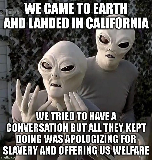 Aliens | WE CAME TO EARTH AND LANDED IN CALIFORNIA; WE TRIED TO HAVE A CONVERSATION BUT ALL THEY KEPT DOING WAS APOLOGIZING FOR SLAVERY AND OFFERING US WELFARE | image tagged in aliens | made w/ Imgflip meme maker