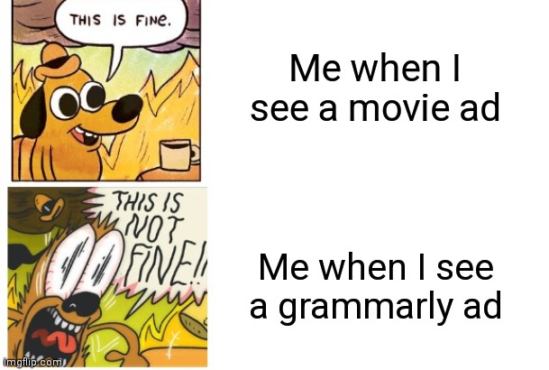 Stop making more grammarly ads | Me when I see a movie ad; Me when I see a grammarly ad | image tagged in this is fine this is not fine,movie,grammarly,youtube ads | made w/ Imgflip meme maker