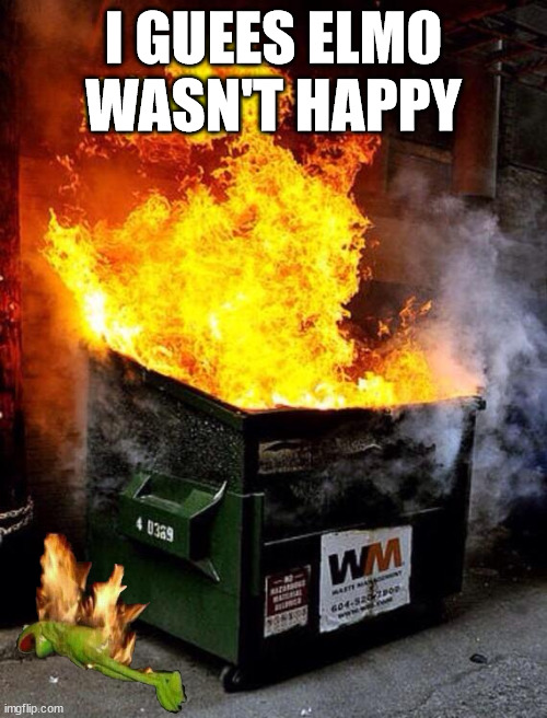 Dumpster Fire |  I GUEES ELMO WASN'T HAPPY | image tagged in dumpster fire | made w/ Imgflip meme maker