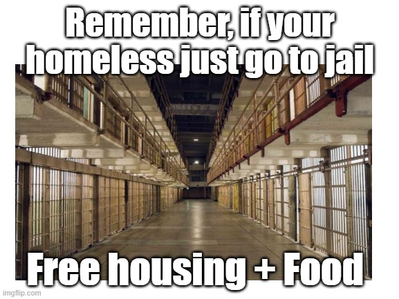 . | Remember, if your homeless just go to jail; Free housing + Food | image tagged in memes | made w/ Imgflip meme maker