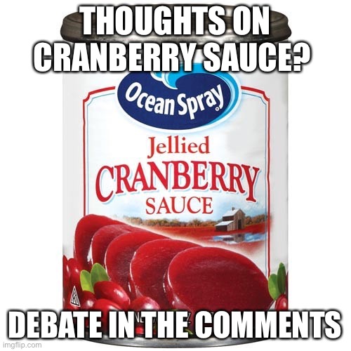 Cranberry Sauce | THOUGHTS ON CRANBERRY SAUCE? DEBATE IN THE COMMENTS | image tagged in cranberry sauce,barney will eat all of your delectable biscuits,debate | made w/ Imgflip meme maker