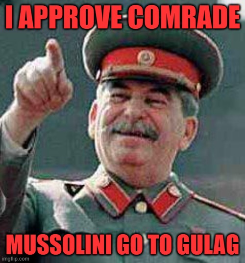 stalin says | I APPROVE COMRADE; MUSSOLINI GO TO GULAG | image tagged in stalin says,stalin,mussolini | made w/ Imgflip meme maker