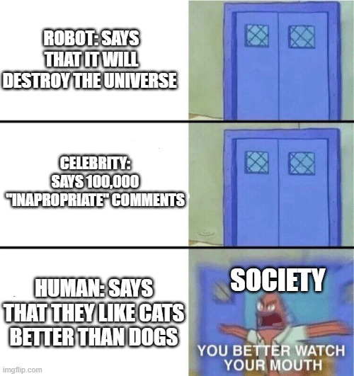 I mean, have you ever noticed this? | ROBOT: SAYS THAT IT WILL DESTROY THE UNIVERSE; CELEBRITY: SAYS 100,000 "INAPROPRIATE" COMMENTS; HUMAN: SAYS THAT THEY LIKE CATS BETTER THAN DOGS; SOCIETY | image tagged in you better watch your mouth,crippling depression | made w/ Imgflip meme maker
