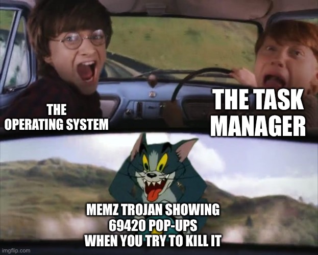 YOU KILLED MY TROJAN! Now you are going to die. | THE OPERATING SYSTEM; THE TASK MANAGER; MEMZ TROJAN SHOWING 69420 POP-UPS WHEN YOU TRY TO KILL IT | image tagged in tom chasing harry and ron weasly,memes,computer virus,computer,computers,os | made w/ Imgflip meme maker