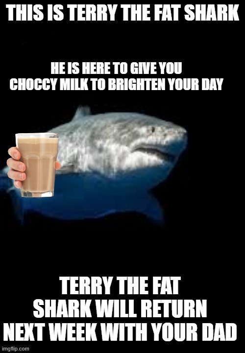 Terry is a good shark. Would you like to pet him? He can do tricks! | THIS IS TERRY THE FAT SHARK; HE IS HERE TO GIVE YOU CHOCCY MILK TO BRIGHTEN YOUR DAY; TERRY THE FAT SHARK WILL RETURN NEXT WEEK WITH YOUR DAD | image tagged in terry the fat shark template,who's your daddy | made w/ Imgflip meme maker