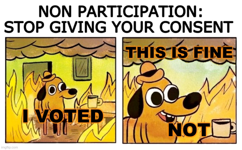 Stop Complying | NON PARTICIPATION: STOP GIVING YOUR CONSENT; THIS IS FINE; I VOTED; NOT | image tagged in election,voting,politics,fraud,government corruption,downvote | made w/ Imgflip meme maker