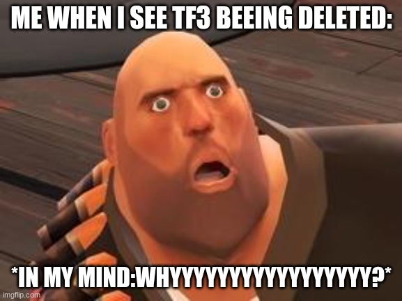 TF2 Heavy | ME WHEN I SEE TF3 BEEING DELETED:; *IN MY MIND:WHYYYYYYYYYYYYYYYYY?* | image tagged in tf2 heavy | made w/ Imgflip meme maker