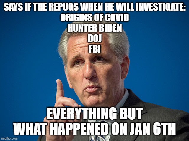 Repugs are pedo's | SAYS IF THE REPUGS WHEN HE WILL INVESTIGATE:
ORIGINS OF COVID
HUNTER BIDEN
DOJ
FBI; EVERYTHING BUT WHAT HAPPENED ON JAN 6TH | image tagged in kevin mccarthy | made w/ Imgflip meme maker