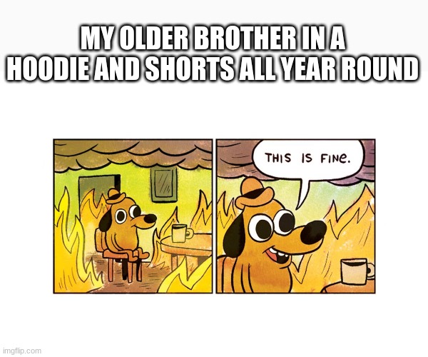 Bro always I swear | MY OLDER BROTHER IN A HOODIE AND SHORTS ALL YEAR ROUND | image tagged in this is fine | made w/ Imgflip meme maker