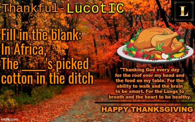 Go ahead, complete it... | Fill in the blank:
In Africa, The _____'s picked cotton in the ditch | image tagged in lucotic thanksgiving announcement temp 11 | made w/ Imgflip meme maker