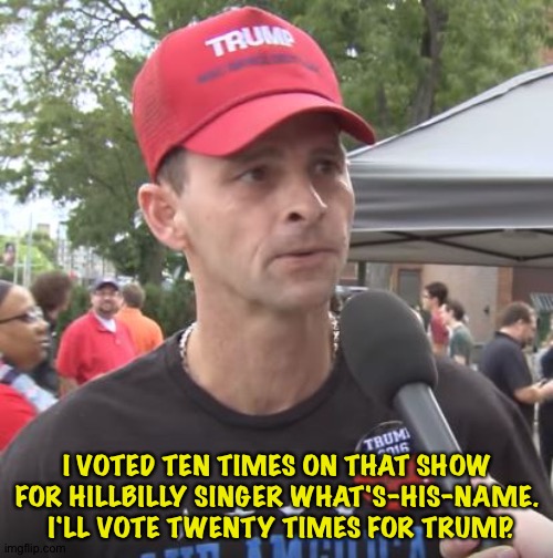Trump supporter | I VOTED TEN TIMES ON THAT SHOW FOR HILLBILLY SINGER WHAT'S-HIS-NAME.  I'LL VOTE TWENTY TIMES FOR TRUMP. | image tagged in trump supporter | made w/ Imgflip meme maker