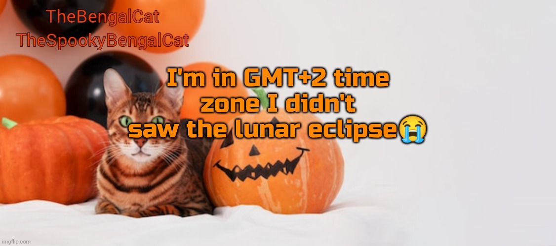 TheSpookyBengalCat annoucment template | I'm in GMT+2 time zone I didn't saw the lunar eclipse😭 | image tagged in thespookybengalcat annoucment template | made w/ Imgflip meme maker