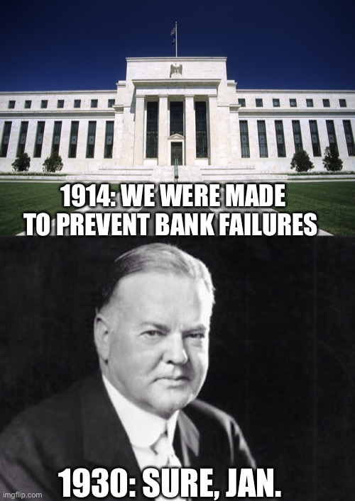 Feded | 1914: WE WERE MADE TO PREVENT BANK FAILURES; 1930: SURE, JAN. | image tagged in federal reserve building,herbert hoover | made w/ Imgflip meme maker