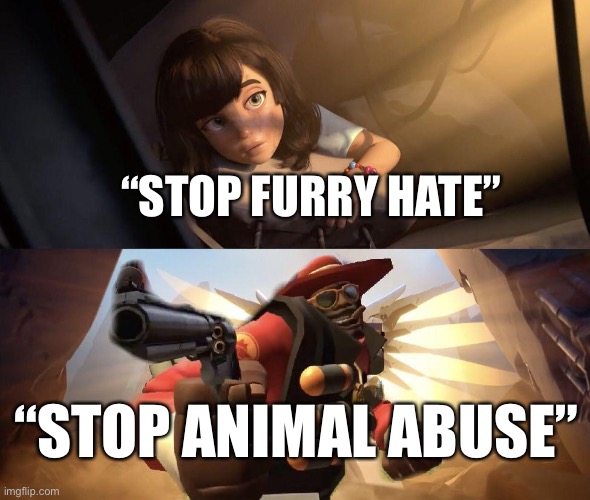 True dat | “STOP FURRY HATE”; “STOP ANIMAL ABUSE” | image tagged in demoman aiming gun at girl,based,relatable,hate crime,anti furry,memes | made w/ Imgflip meme maker