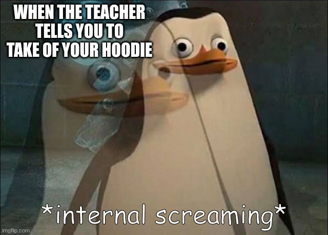 Schools Have No Difference In School Shooters And Hoodies. | WHEN THE TEACHER TELLS YOU TO TAKE OF YOUR HOODIE | image tagged in private internal screaming,school | made w/ Imgflip meme maker