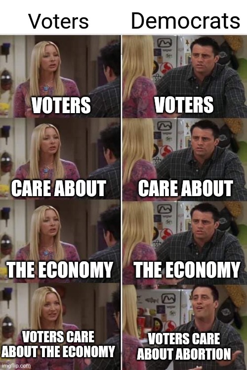 Why Democrats will have big losses | Democrats; Voters; VOTERS; VOTERS; CARE ABOUT; CARE ABOUT; THE ECONOMY; THE ECONOMY; VOTERS CARE ABOUT THE ECONOMY; VOTERS CARE
ABOUT ABORTION | image tagged in phoebe joey,democrats,liberals,biden | made w/ Imgflip meme maker