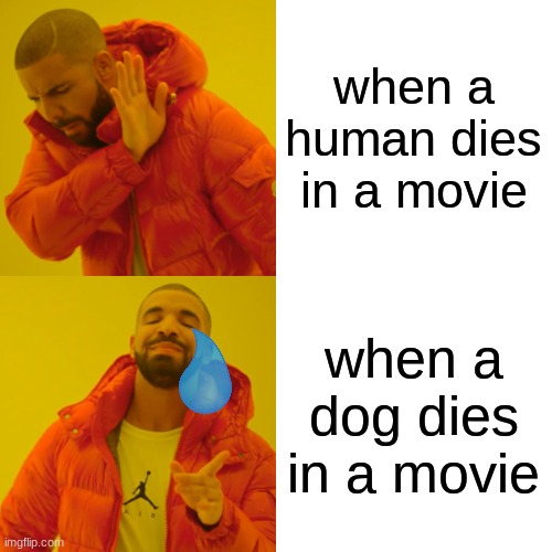 Drake Hotline Bling Meme | when a human dies in a movie when a dog dies in a movie | image tagged in memes,drake hotline bling | made w/ Imgflip meme maker